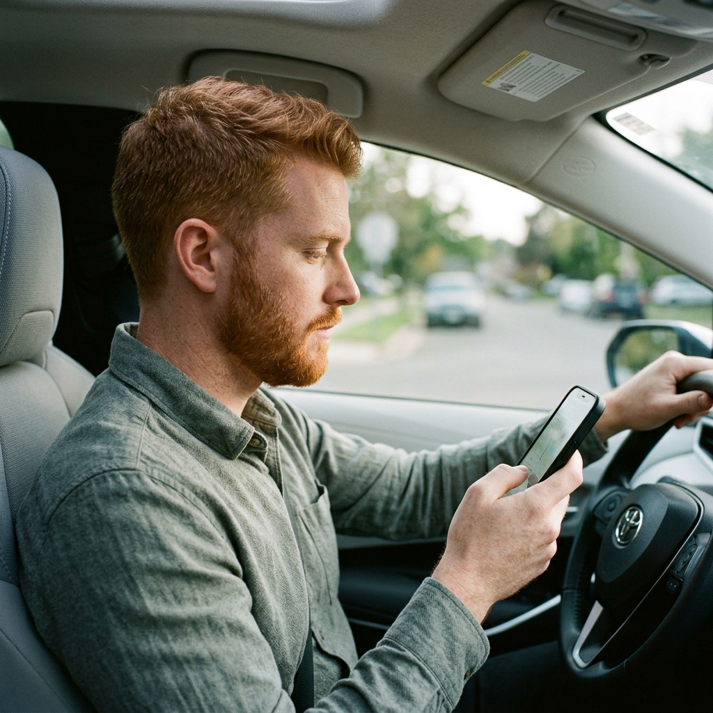 Driver holding a phone while driving a car