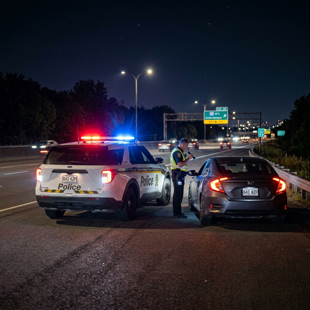 Police officer conducting a traffic stop beside a police SUV at night