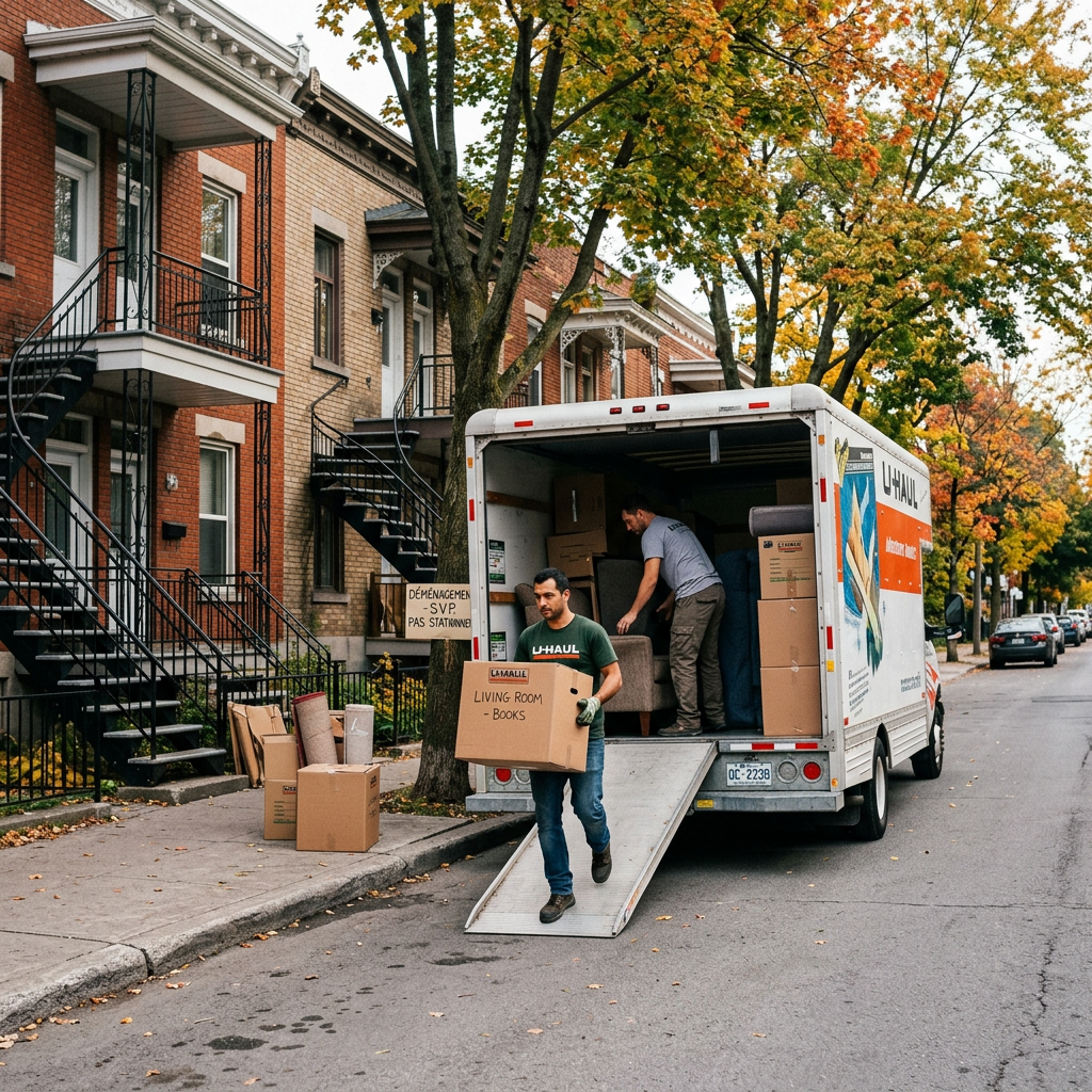 Movers carrying boxes from a U-Haul truck outside brick townhouses
