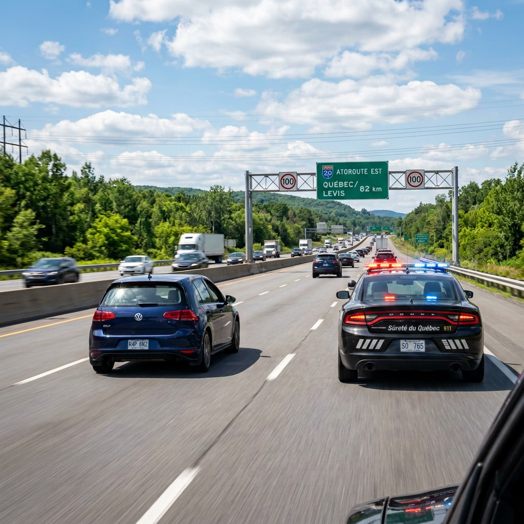 Québec highway with police cruiser and sign reading Autoroute 20 Est, Québec, Lévis 82 km