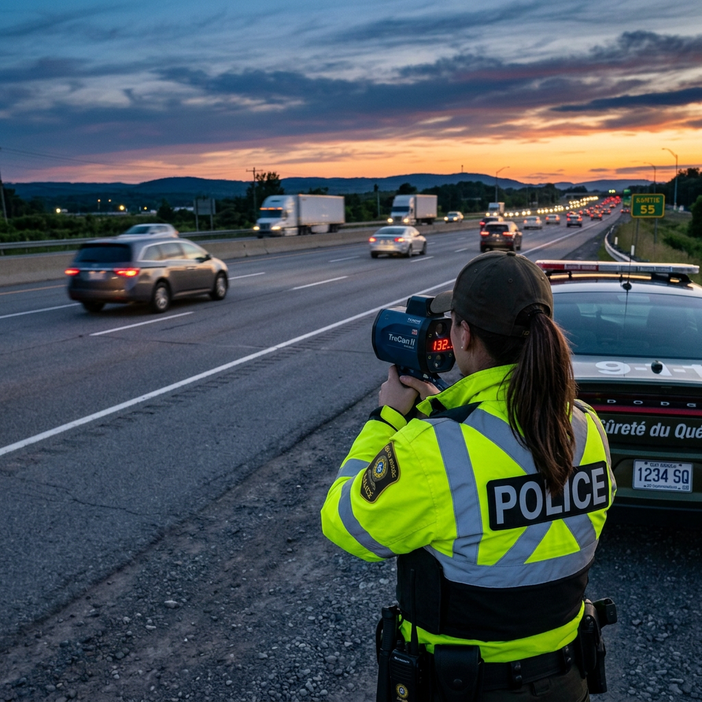 Quebec police officer using a radar device beside busy highway traffic