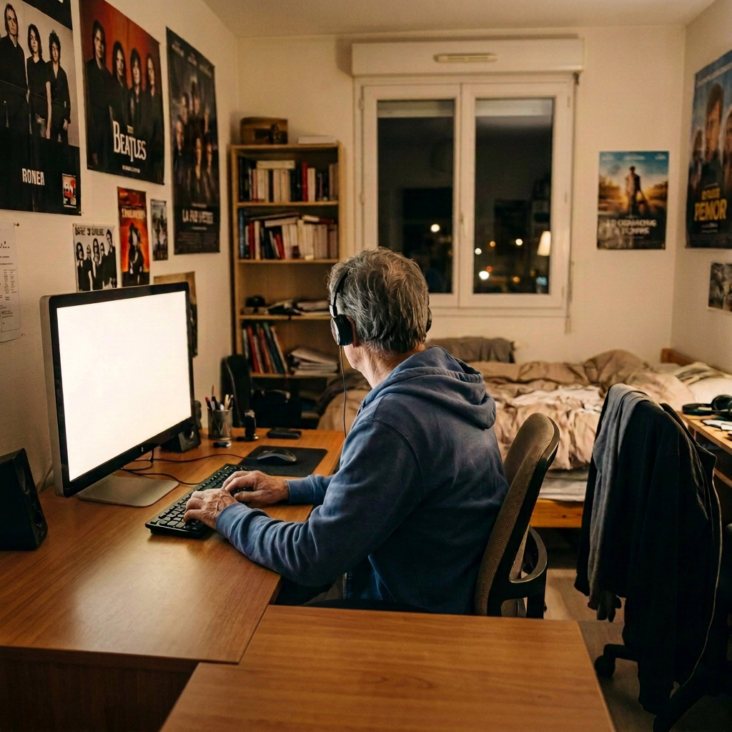 Bureau sans documents, internaute de dos
