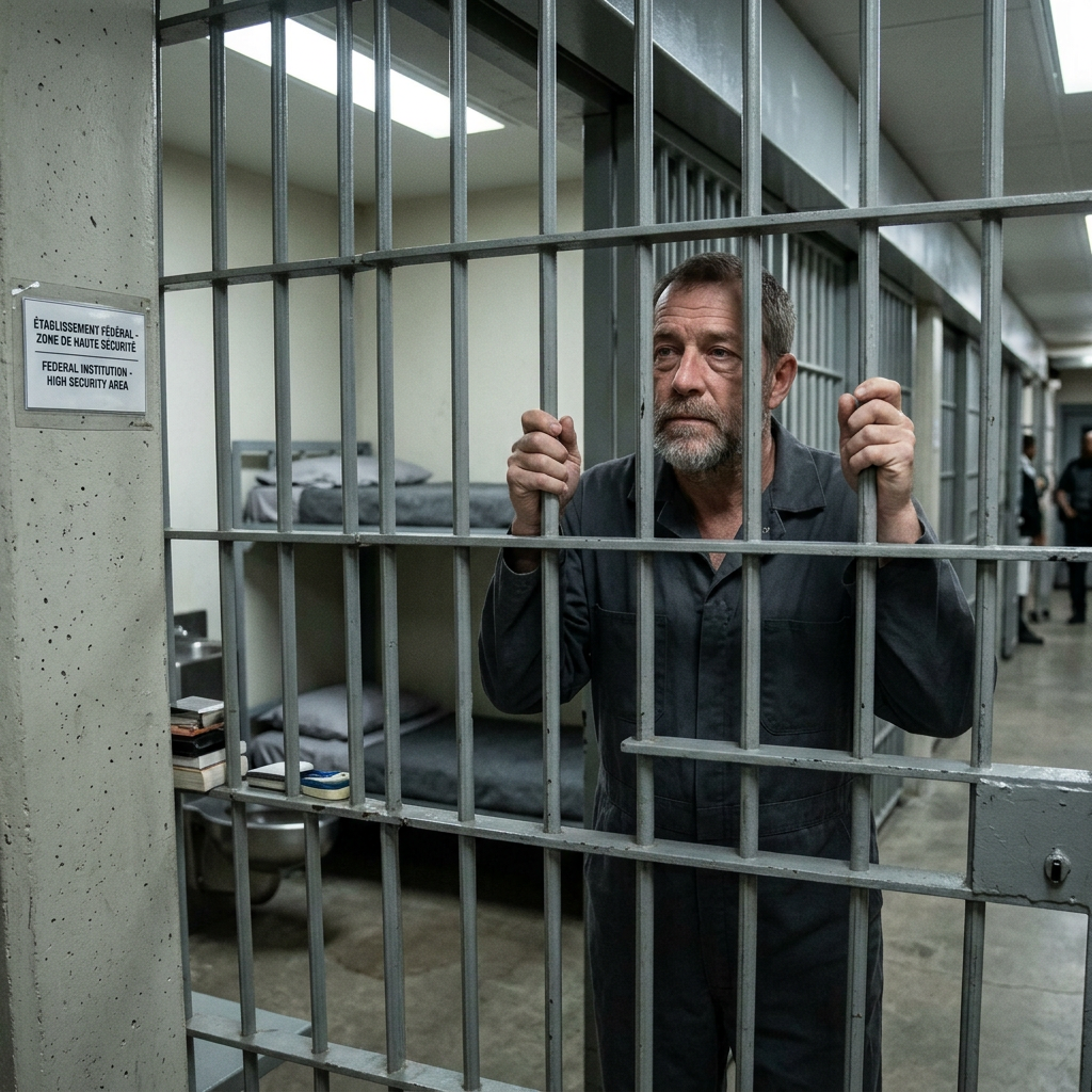 Man gripping jail bars; sign reads “ÉTABLISSEMENT FÉDÉRAL – ZONE DE HAUTE SÉCURITÉ / FEDERAL INSTITUTION – HIGH SECURITY AREA.”