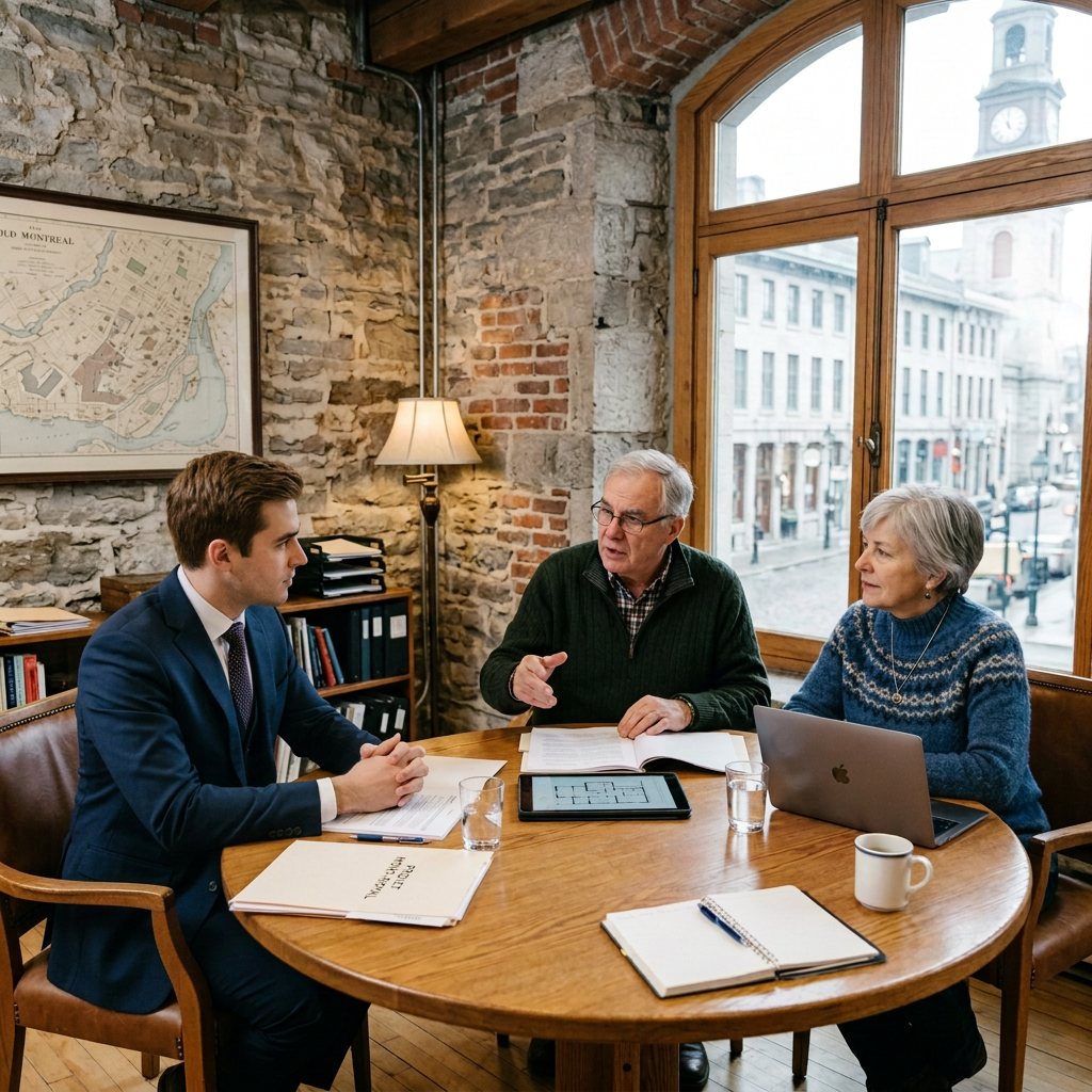 Three colleagues discussing documents around a table in a historic office