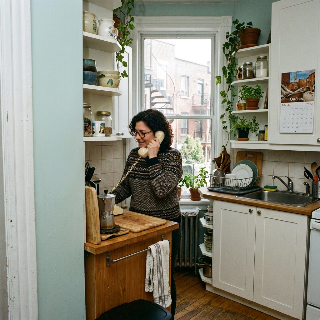 Woman talking on a vintage wall phone in a cozy kitchen