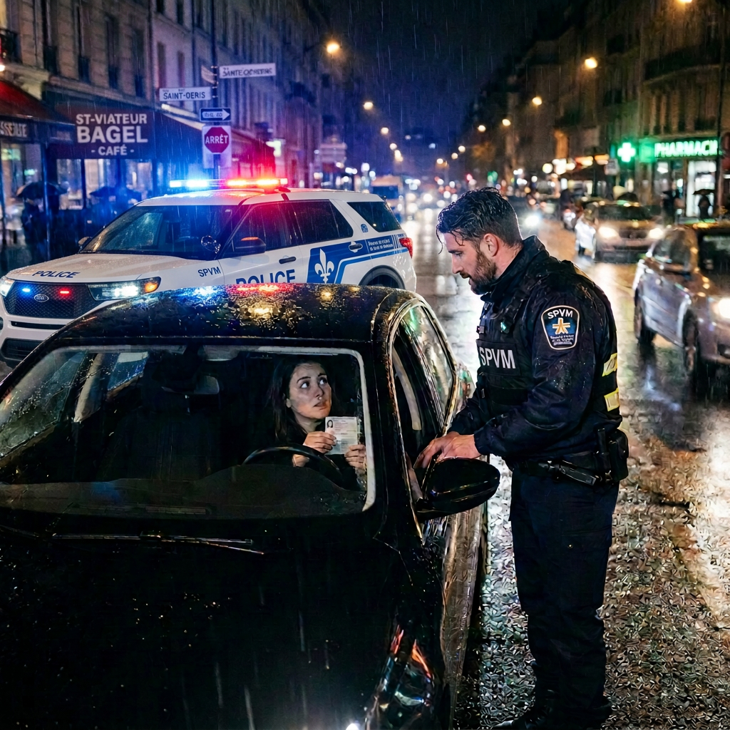 French police officer checking a driver's documents during a rainy nighttime traffic stop